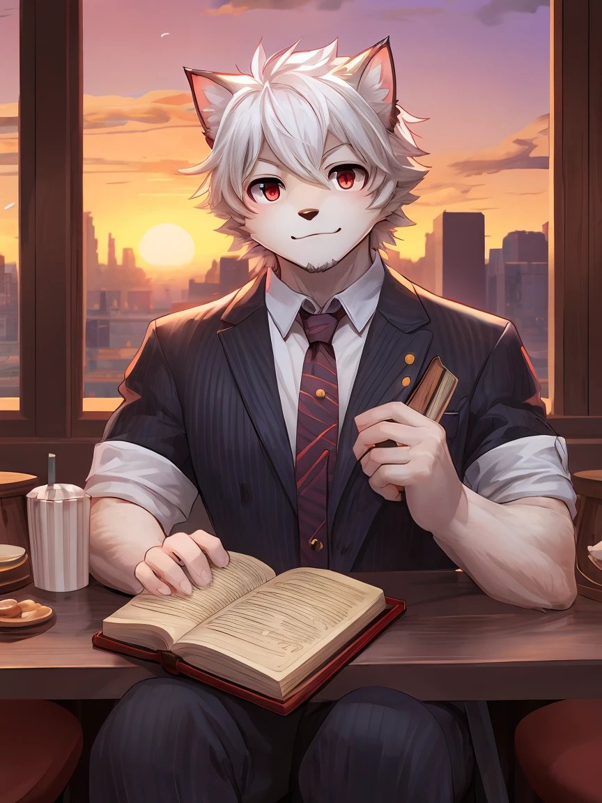 White Cat Boy，black碎发，Red eyes，White Hair，White hairy hands，black，Dark and thick eyebrows，Red tie，Cafe，City sunset，Holding a magic book in hand