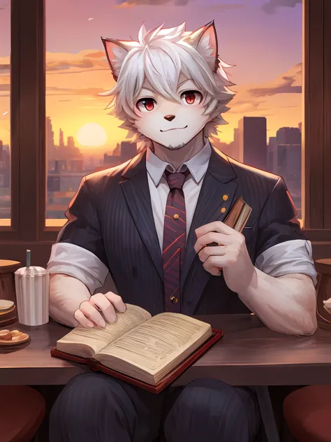 White Cat Boy，black碎发，Red eyes，White Hair，White hairy hands，black，Dark and thick eyebrows，Red tie，Cafe，City sunset，Holding a mag...