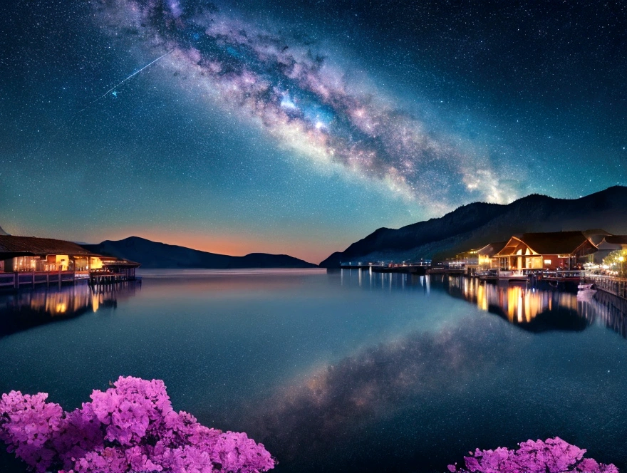 painting of a neon moonlight,Starry Sky、Dock area, Bougainville décor , 4K High Definition, moonlight, Xia Yun,Ocean, moonlight reflection,Beautiful Art UHD 4K, Beautiful artwork illustration, Beautiful digital painting, Highly detailed digital painting, Beautiful digital art, Detailed painting 4k, Highly detailed digital painting, Rich, picturesque colors, Gorgeous digital painting