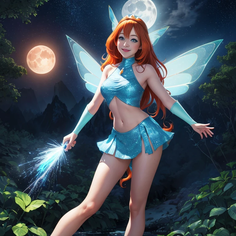 ((Full body photo, standing, feet on the ground)) ((masterpiece)), (best quality), official art, extremely detailed CG, unity 8k wallpaper, ultra detailed, highly detailed, detailed background, vivid color, photorealistic, perfect lighting, best illumination, 32k,
Bloom, (orange hair, blue eyes, bangs, long hair), (fairy outfit), (blue croptop, sleeveless, blue skirt, sparkling clothing, fairy wings, tiara),  smile, happy, full-body-shot, 
neon lighting, dark romantic lighting, gradients, dynamic pose,
moon, night, forest, mountain, stream, 
 