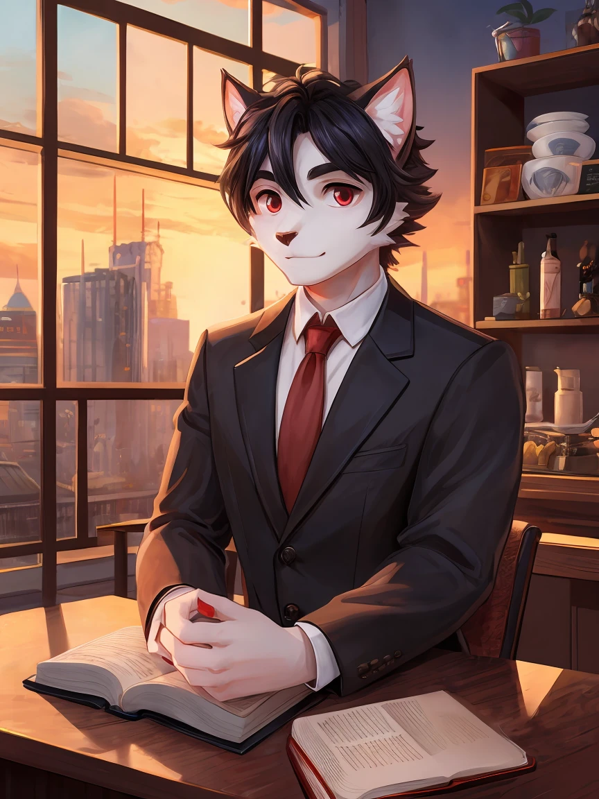 White Cat Boy，Black hair，Red eyes，White hairy hands，Black suit，Dark and thick eyebrows，Red tie，Cafe，City sunset，Holding a magic book in hand