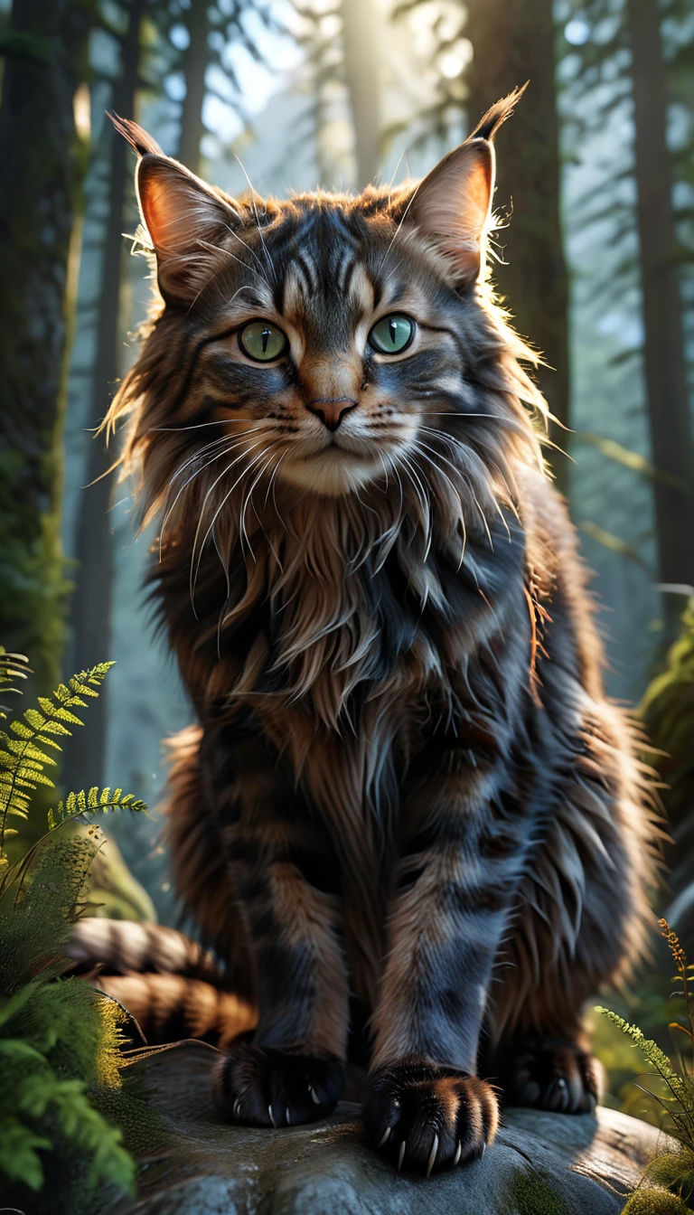 Mountains and forests，There is a kind of beast，Looks like a cat，The cat & claws are like a pair of human hands(best quality，4K，8K，High level，masterpiece：1.2），Ultra Detailed，（lifelike，Photo real，Photo real：1.37），Highly detailed animals，Realistic lighting，Fantasy Creatures