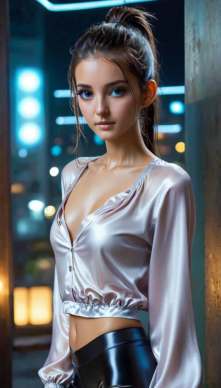 Top Quality, Masterpiece, High Resolution, 8k, (((cute skinny barely legal girl in oversized silky blouse and wetlook leggings, bare belly, wide neckline, deep neckline, small perky breasts, beautiful detailed eyes, beautiful detailed lips, small closed mouth, extremely detailed face, long ponytail hair, small hips))), cyberpunk apartment, moody atmosphere, dramatic and neon colors, futuristic setting, intricate details, at night, full body shot, view from distance 