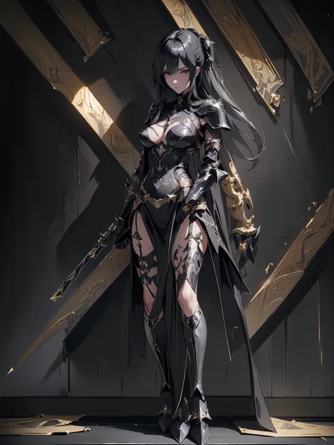 Design a layout showcase Gaming character, (1girl). Black+Gold clothes, opulent and dark, ((showcase weapon:1.4)), cursed blade,...