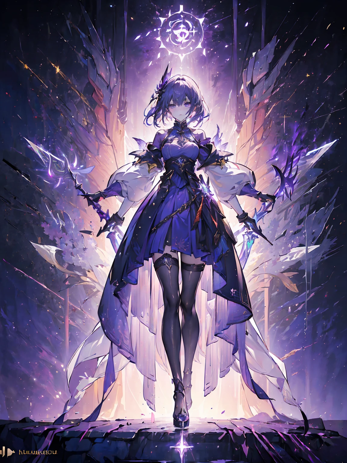 Design a layout showcase Gaming character, (1girl). Golden|Purple clothes, stylish and unique. ((showcase weapon:1.4)), magic staff. (masterpiece:1.2), (best quality), 4k, ultra-detailed. (Step by step design, layout art:1.5), (luminous lighting, atmospheric lighting). magican, ((glove full hands)), (((revealing clothes:1.3))), vambraces, armored legwear, (((full_body_shot:1.4))). {In a mystical forest|On a magical battlefield}.
