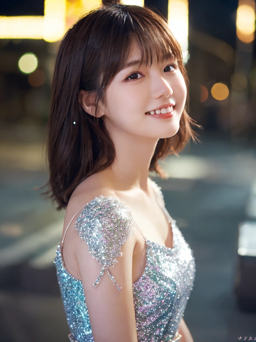 1 Girl, (Wearing a white glitter dress:1.2), (RAW Photos, Highest quality), (Realistic, Realistic:1.4), Tabletop, Very delicate and beautiful, Very detailed, 2k wallpaper, wonderful, finely, Very detailed CG Unity 8K 壁紙, Very detailedな, High resolution, Soft Light, Beautiful detailed girl, Very detailed目と顔, Beautiful and sophisticated nose, finelyて美しい目, Cinema Lighting, City lights at night, Perfect Anatomy, Slender body, smile