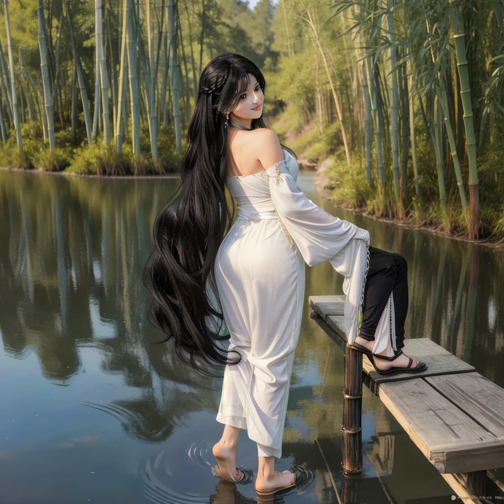 masterpiece, Highest quality, Official Art, 8k wallpaper, Very detailed, figure, 1 Girl, Black Hair、Long Hair, Fine grain, Forrest Gump, Bare shoulders, Hanfu, lake, Pure, A kind smile, bamboo, tea、Butt