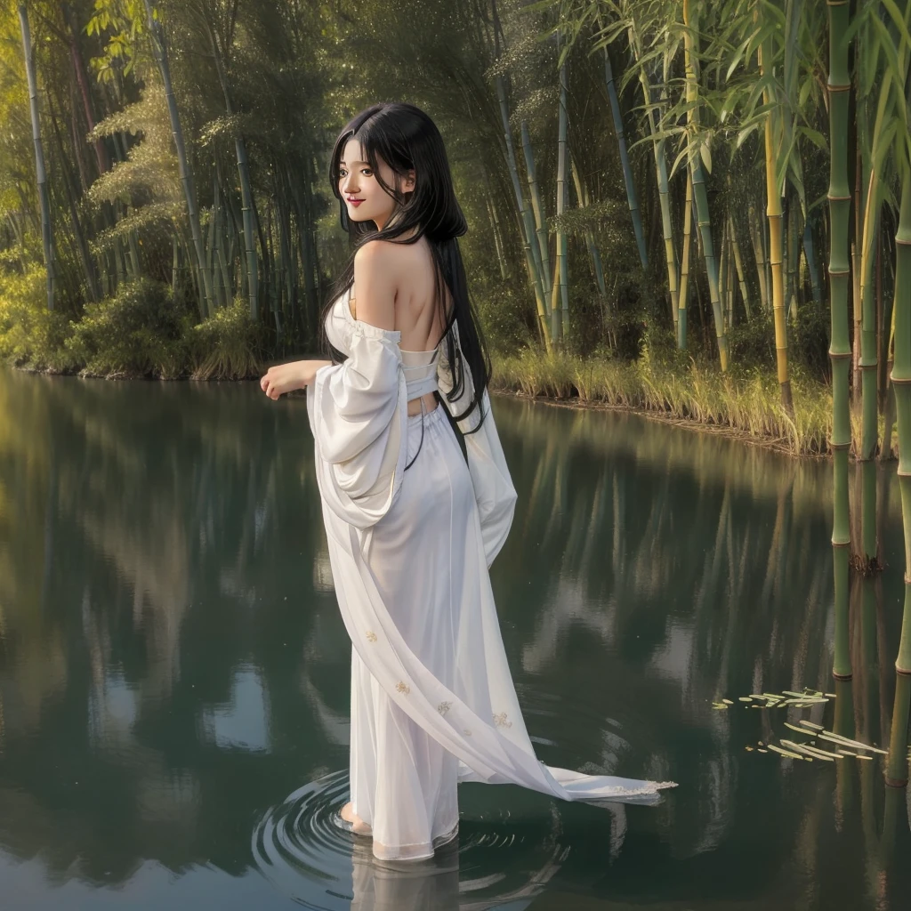 masterpiece, Highest quality, Official Art, 8k wallpaper, Very detailed, figure, 1 Girl, Black Hair、Long Hair, Fine grain, Forrest Gump, Bare shoulders, Hanfu, lake, Pure, A kind smile, bamboo, tea、Butt