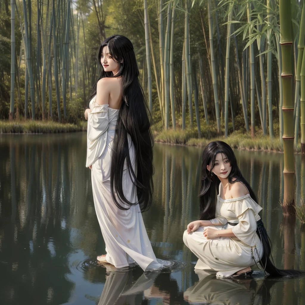 masterpiece, Highest quality, Official Art, 8k wallpaper, Very detailed, figure, 1 Girl, Black Hair、Long Hair, Fine grain, Forrest Gump, Bare shoulders, Hanfu, lake, Pure, A kind smile, bamboo, tea、Butt