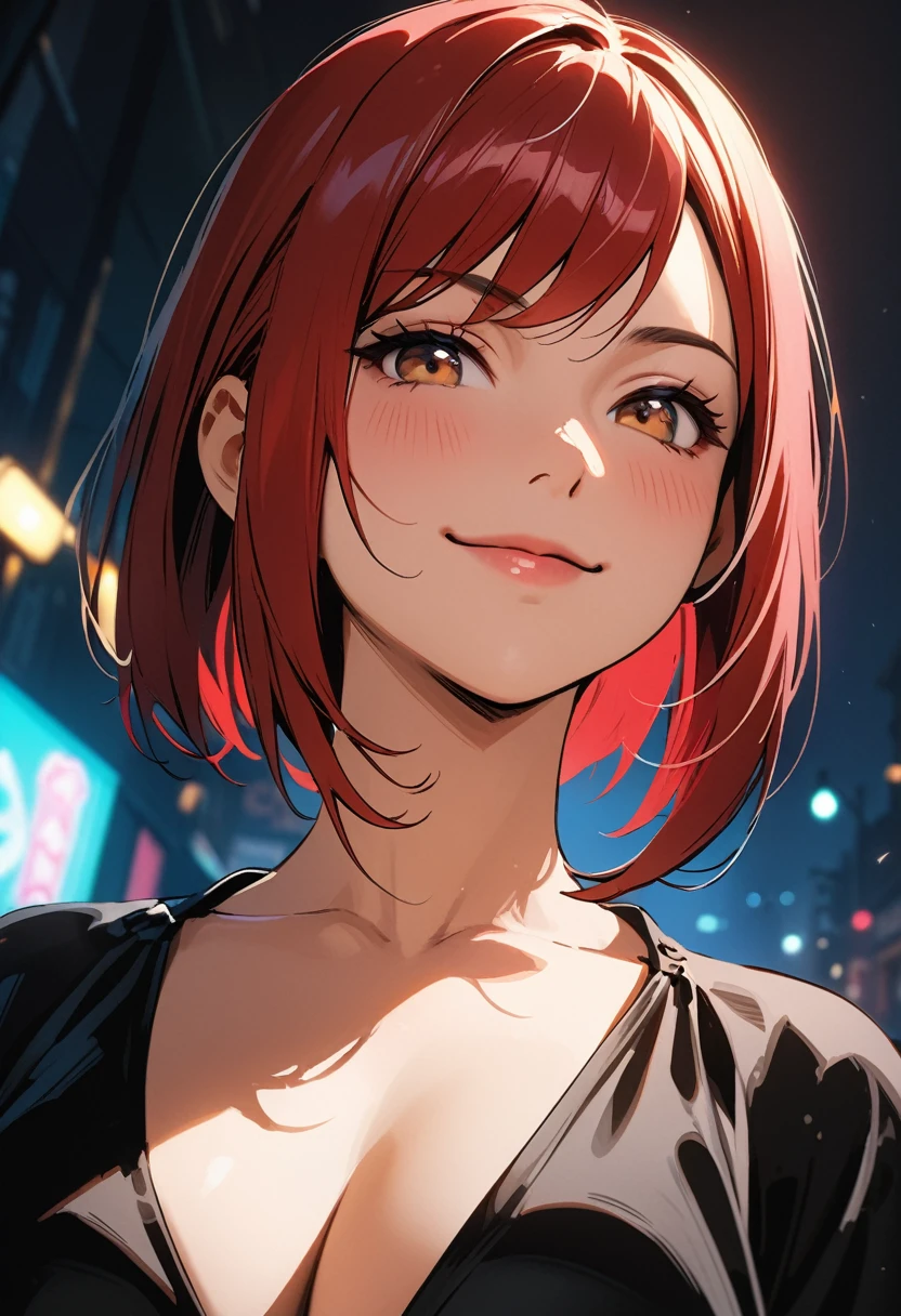 (masterpiece, best quality:1.2), 1girl, solo, cinematic view, portrait, red hair, cute smile, dynamic angle, black dress, yakuza girl