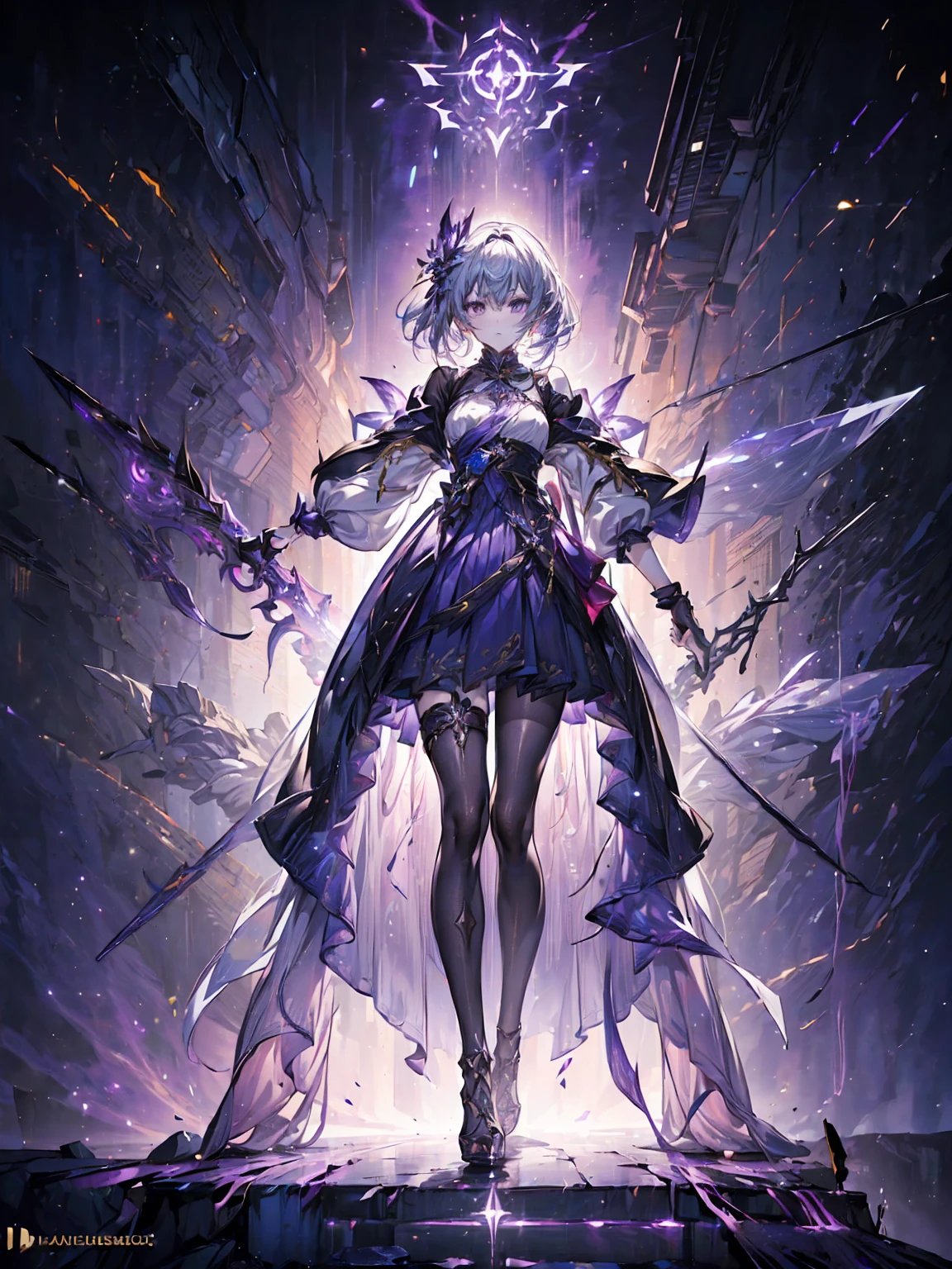 Design a layout showcase Gaming character, (1girl). Golden|Purple clothes, stylish and unique. ((showcase weapon:1.4)), magic staff. (masterpiece:1.2), (best quality), 4k, ultra-detailed. (Step by step design, layout art:1.5), (luminous lighting, atmospheric lighting). magican, ((glove full hands)), (((revealing clothes:1.3))), vambraces, armored legwear, (((full_body_shot:1.4))). {In a mystical forest|On a magical battlefield}.
