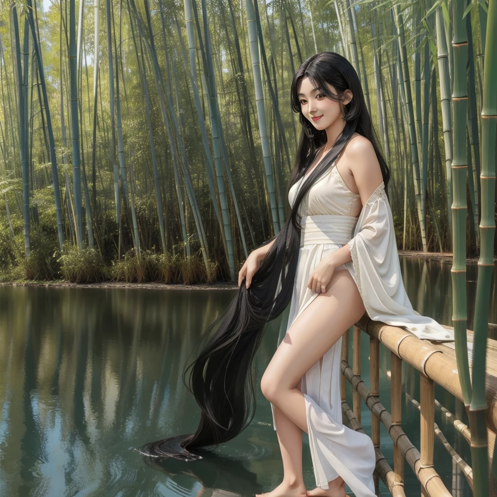 masterpiece, Highest quality, Official Art, 8k wallpaper, Very detailed, figure, 1 Girl, Black Hair、Long Hair, Fine grain, Forrest Gump, Bare shoulders, Hanfu, lake, Pure, A kind smile, bamboo, tea、Butt