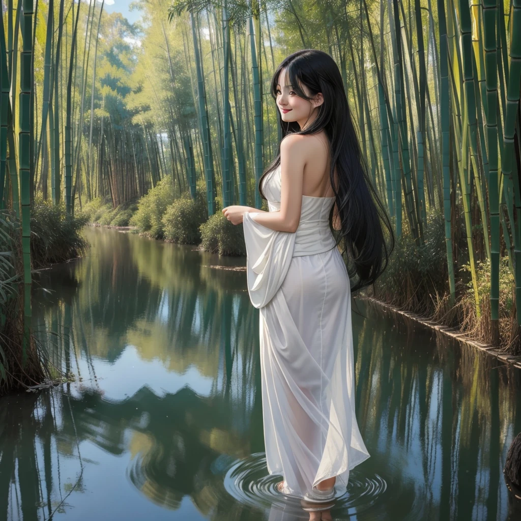 masterpiece, Highest quality, Official Art, 8k wallpaper, Very detailed, figure, 1 Girl, Black Hair、Long Hair, Fine grain, Forrest Gump, Bare shoulders, Hanfu, lake, Pure, A kind smile, bamboo, tea、Butt