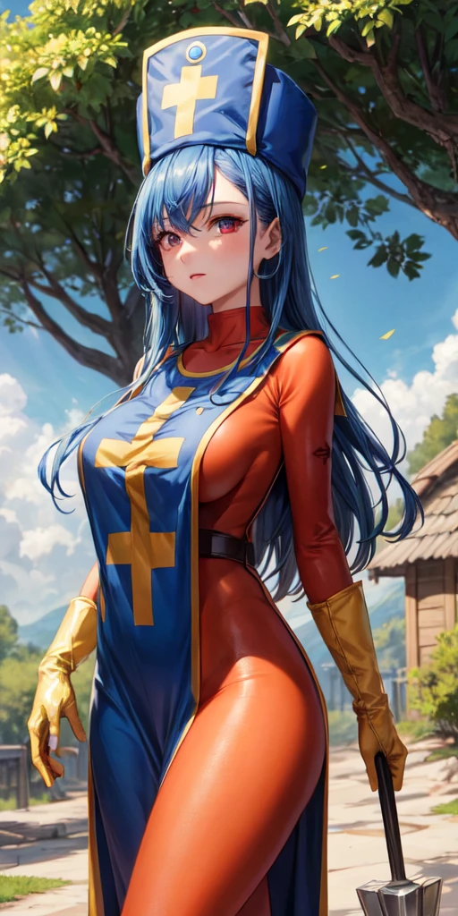 (masterpiece, best quality:1.1), priest \(dq3\), 1girl, solo, long hair, blue hair, red eyes, mitre, tabard, cross print, orange bodysuit, elbow gloves, large breasts, holding, staff, nature, blue sky 