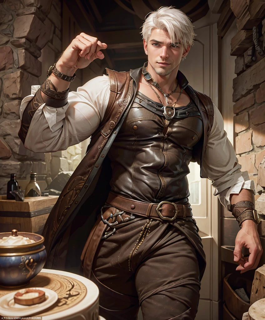 (((Luxurious white hair and sexy smirk.))) (((1.))) (((18yo.))) (((Cute smirk.))) (((Single character image.))) (((1boy))) (((Looks like beefcake male fantasy character.))) Create an enchanting AI-generated image of a charismatic and irresistibly attractive man in a high fantasy realm. He should exude rugged, dashing charm that captures the attention of every onlooker, particularly the adoring gazes of countless women. This character must embody thrilling and exciting qualities, but his arrogance should be evident in his posture and expression.

His attire should be a dazzling blend of high fantasy aesthetics, revealing a captivating, rugged bravado style that mirrors his exciting personality. The outfit should scream individuality, telling a story of grand adventures and daring escapades.

The character's face should be a canvas of vivid expressions, showcasing his charisma, bravado, and the hint of mischief that makes him all the more alluring. His body should be sculpted to perfection, reflecting a sensual and seductive allure that sets him apart as the sexiest man in this mesmerizing world of high fantasy.

Capture the essence of a character who thrives on the thrill of the unknown, the exciti fantasy setting,fantasy art, dungeons & dragons, fantasy adventurer, fantasy NPC, attractive male in his mid 20's, ultra detailed, epic masterpiece, ultra detailed, intricate details, digital art, unreal engine, 8k, ultra HD, centered image award winning, fantasy art concept, digital art, centered image, flirting with viewer, best quality:1.0,hyperealistic:1.0,photorealistic:1.0,madly detailed CG unity 8k wallpaper:1.0,masterpiece:1.3,madly detailed photo:1.2, hyper-realistic lifelike texture:1.4, picture-perfect:1.0,8k, HQ,best quality:1.0,

 best quality:1.0,hyperealistic:1.0,photorealistic:1.0,madly detailed CG unity 8k wallpaper:1.0,masterpiece:1.3,madly detailed photo:1.2, hyper-realistic lifelike texture:1.4, picture-perfect:1.0,8k, HQ,best quality:1.0,


