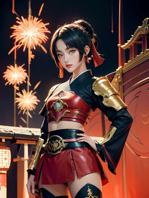 girl with sword and armor standing in front of a red background, onmyoji detailed art, ayaka genshin impact, onmyoji, ayaka game...