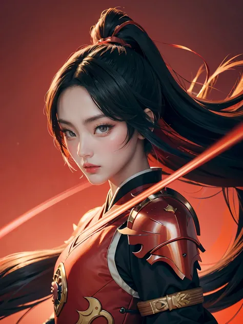girl with sword and armor standing in front of a red background, onmyoji detailed art, ayaka genshin impact, onmyoji, ayaka game...