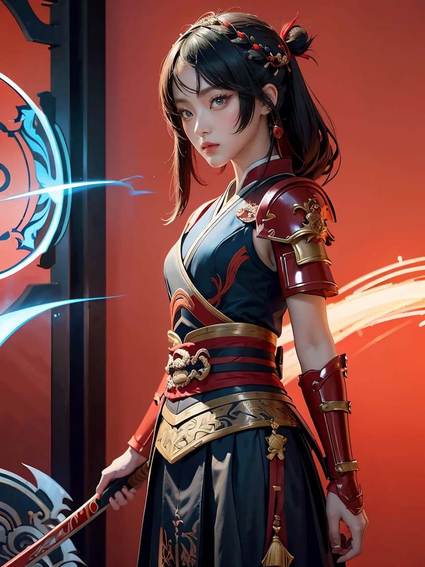 garota com espada e armadura em frente a um fundo vermelho, Onmyoji detailed art, Impacto de Ayaka Genshin, Onmyoji, impacto genshin do jogo ayaka, keqing do impacto genshin, irelia, zhongli do impacto genshin, artgerm extremamente detalhado, Onmyoji portrait, mago de cabelo preto, olhos eletro azuis