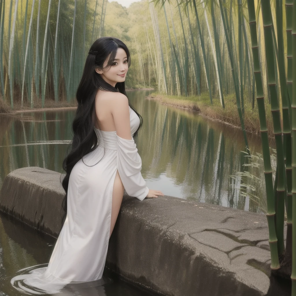 masterpiece, Highest quality, Official Art, 8k wallpaper, Very detailed, figure, 1 Girl, Black Hair、Long Hair, Fine grain, Forrest Gump, Bare shoulders, Hanfu, lake, Pure, A kind smile, bamboo, tea、Butt