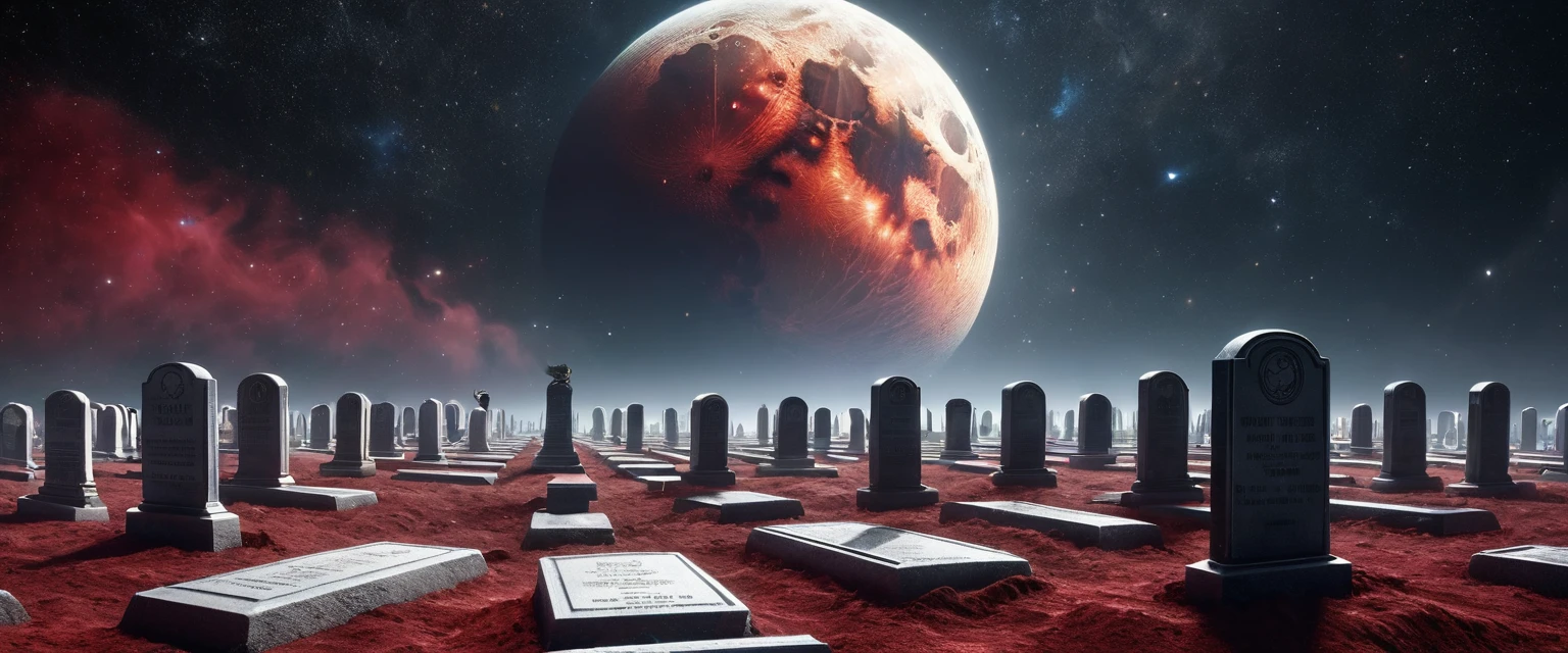 there is  a military graveyard built on the moon, many tombstones in rows (tombstones are identical in shape and color) and lines, ((there is 1flag being raised: 1.4)), in honor of the fallen. the graveyard is based on the moon, you can see the earth in the background and some stars in space, you can see the rings of Saturn, you can see the milky way, vibrant, Ultra-high resolution, High Contrast, (masterpiece:1.5), highest quality, Best aesthetics), best details, best quality, highres, ultra wide angle, 16k, [ultra detailed], masterpiece, best quality, (extremely detailed), 3D rendering, raging nebula