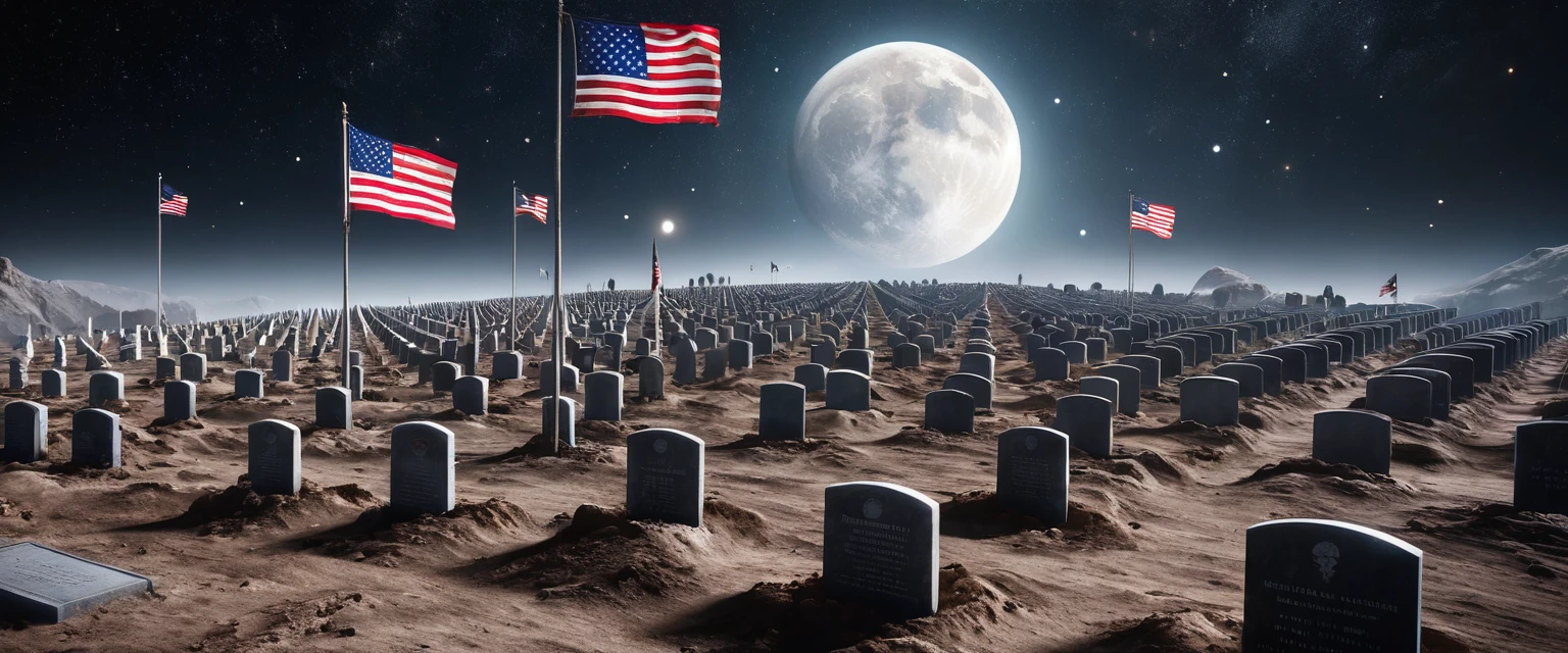 there is  a military graveyard built on the moon, many tombstones in rows (tombstones are identical in shape and color) and lines, ((there is 1flag being raised: 1.4)), in honor of the fallen. the graveyard is based on the moon, you can see the earth in the background and some stars in space, you can see the rings of Saturn, you can see the milky way, vibrant, Ultra-high resolution, High Contrast, (masterpiece:1.5), highest quality, Best aesthetics), best details, best quality, highres, ultra wide angle, 16k, [ultra detailed], masterpiece, best quality, (extremely detailed), 3D rendering, raging nebula