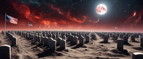 there is  a military graveyard built on the moon, many tombstones in rows (tombstones are identical in shape and color) and line...