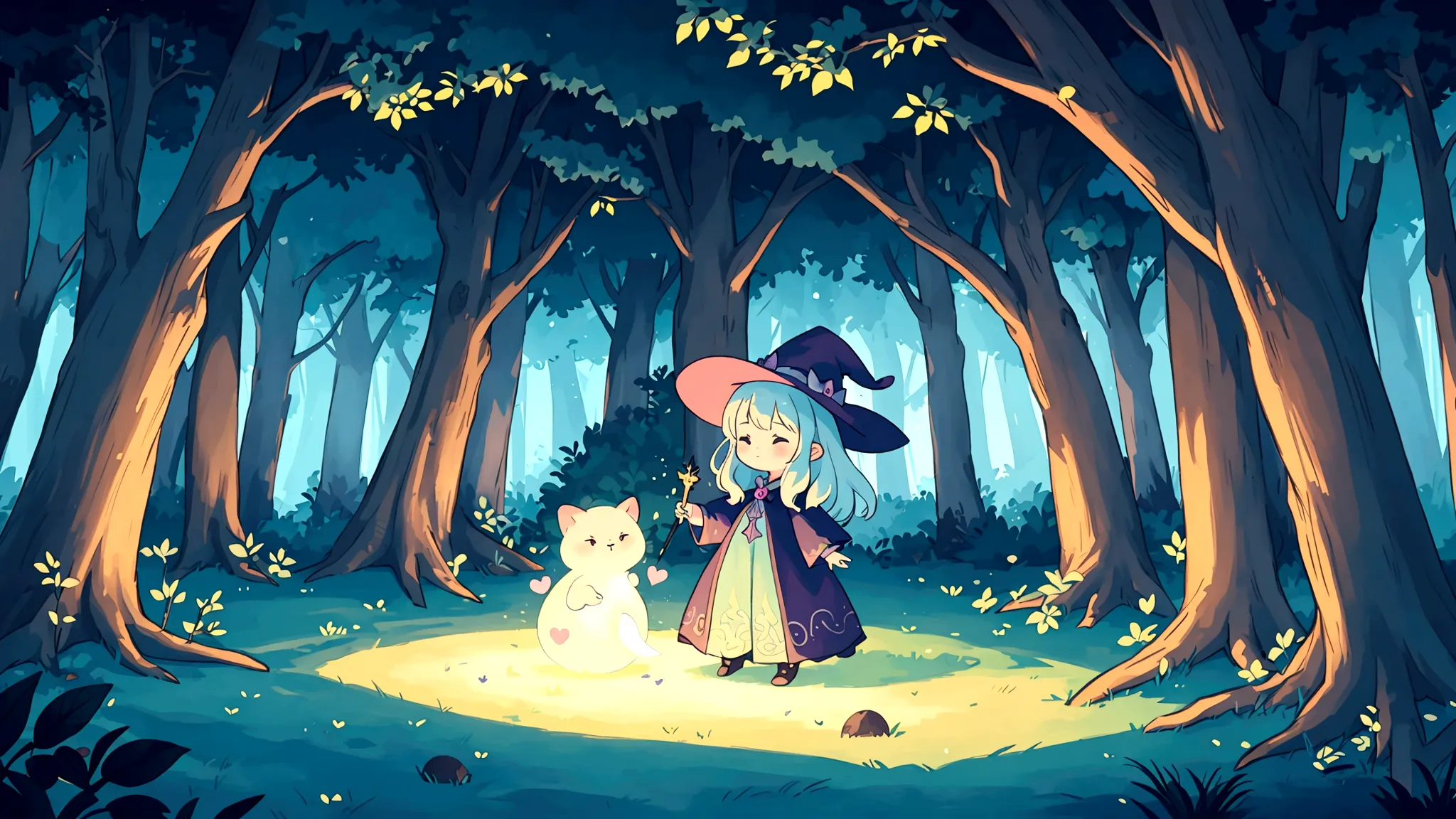 an anime-style image depicting a mystical forest where shadows dance and play. in the heart of this enchanted forest, a witch wi...