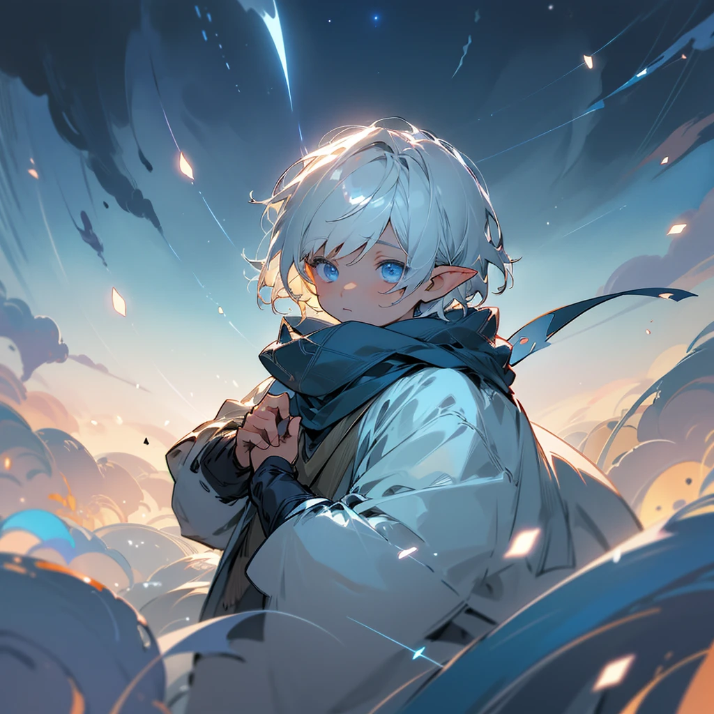 ((high resolution))、Elvish、 male、Silver Short Hair、Eyes like the night sky、Beautiful dark blue eyes、Gentle personality、was wearing a scarf、Being Alone、