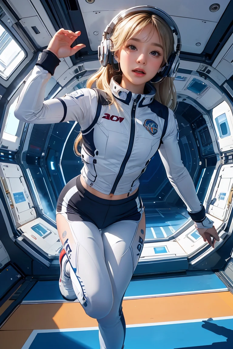 top-quality,Top image quality,in 8K,4K,​masterpiece,ultra-detailliert,Beautiful,ultra-quality, best quality,high resolution, ultra-detailed,game cg,dutch angle,(acrobatic pose):5,jumping:5,(inside spacestation,)beautiful detailed eyes,five fingers,headphone,nsfw,a beauty girl,(astrovest):5,(track uniforms),wet,(steam:1.5),Running form,open open mouth,(blonde hair),(long hair):2,Navel,space_station_interior, exercise_room, futuristic, high_technology, zero_gravity_exercise_equipment, high_resolution_landscape, sleek_design, minimalistic, 8K_resolution, game_cg_style, Dutch_angle, detailed_character, track_uniform, perfect_running_form, intense_expression, detailed_eyes, determination, steam:1.5, beauty, strength, five_fingers, visible_navel, open_mouth, ultra_quality, high_resolution, ultra_detailed,astrovest