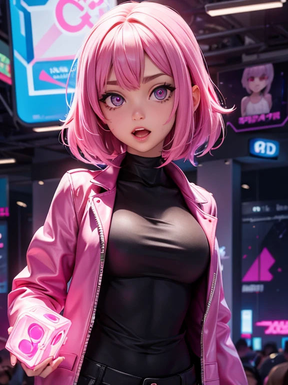 woman in a pink jacket holding a cube with a glowing face, transhumanist cyberpunk cube, (cyberpunk) pink hair 1 girl, highly detailed eyes, open mouth.