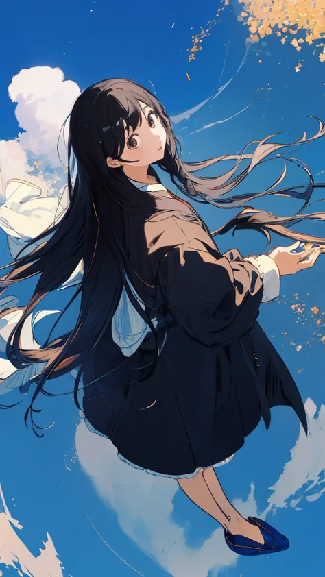 a girls, from above,black hair,long sleeves, long hair,long hair, on back,slippers,blue sky,Looking up at the sky,下からのアングル,