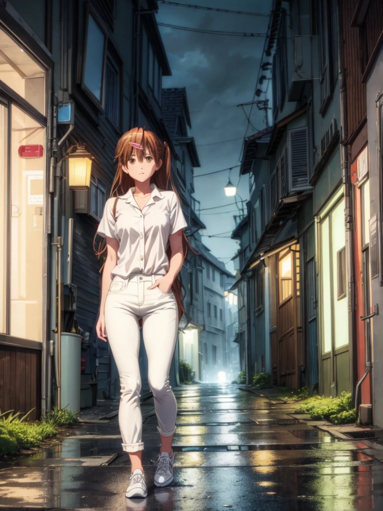 Girl, White jeans, Blue Unbuttoned  Blouse, street background, openlegs, night, Narrow alley between houses, night, rain, Sneakers