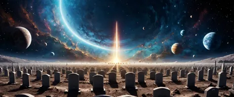 there is  a military graveyard built on the moon, many tombstones in rows (tombstones are identical in shape and color) and line...