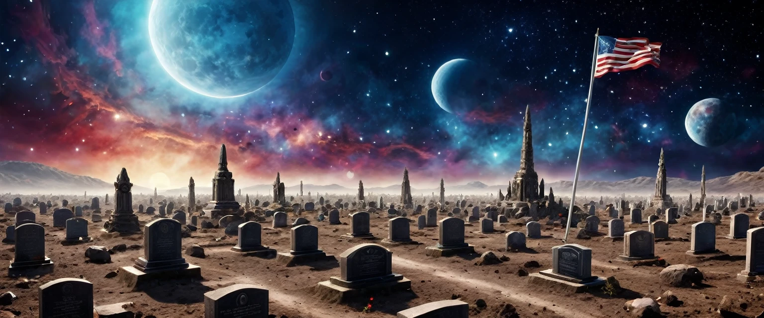 there is  a military graveyard built on the moon, many tombstones in rows (tombstones are identical in shape and color) and lines, ((there is 1flag being raised: 1.4)), in honor of the fallen. the graveyard is based on the moon, you can see the earth in the background and some stars in space, you can see the rings of Saturn, you can see the milky way, vibrant, Ultra-high resolution, High Contrast, (masterpiece:1.5), highest quality, Best aesthetics), best details, best quality, highres, ultra wide angle, 16k, [ultra detailed], masterpiece, best quality, (extremely detailed), 3D rendering, raging nebula