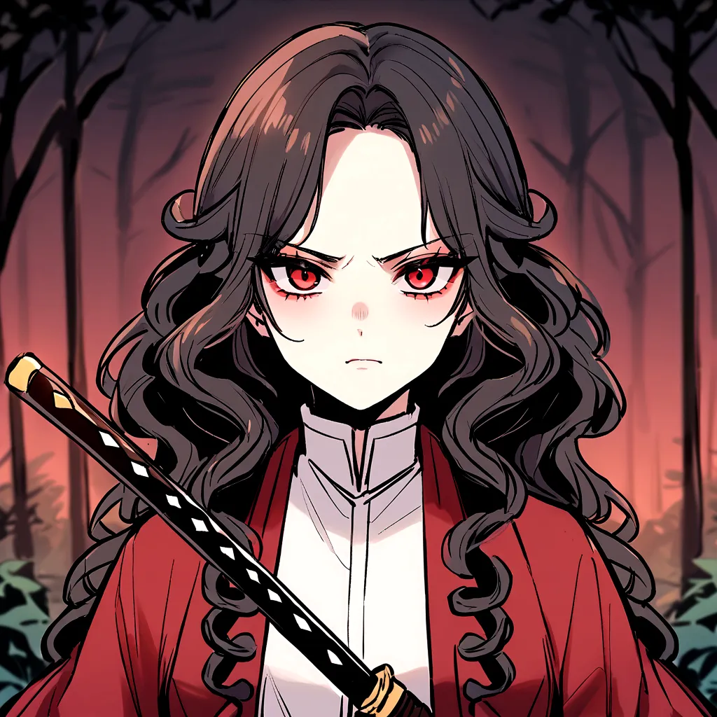 make me a female, 27yo, dark red haori, serious face, very short curly black hair, red eyes, dark forest background scenery, she...