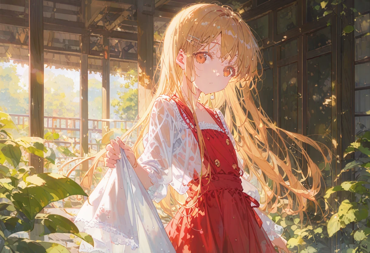 score_9,score_8_superior,score_7_superior,sauce_anime, Break 1 Girl, alone, shinosawa hiro, thin, Orange eyes, White eyelashes, Blonde, Long Hair, Hair Clip, , Flat Chest, slim, rib, Water Play, Dress Lift, Wet, See-through silhouette, sunlight, light, bloom, Lens flare, dark, Cowboy Shot, From behind, Recall,