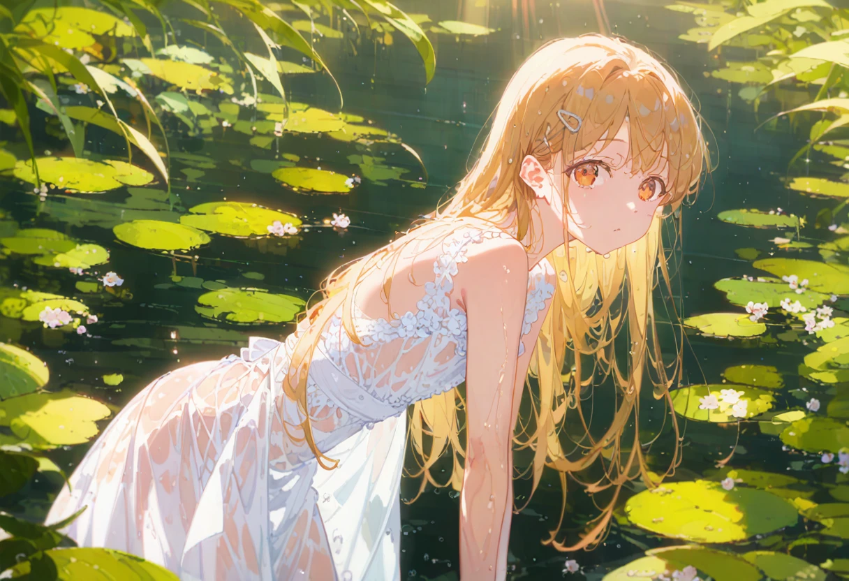 score_9,score_8_superior,score_7_superior,sauce_anime, Break 1 Girl, alone, shinosawa hiro, thin, Orange eyes, White eyelashes, Blonde, Long Hair, Hair Clip, , Flat Chest, slim, rib, Water Play, Dress Lift, Wet, See-through silhouette, sunlight, light, bloom, Lens flare, dark, Cowboy Shot, From behind, Recall,