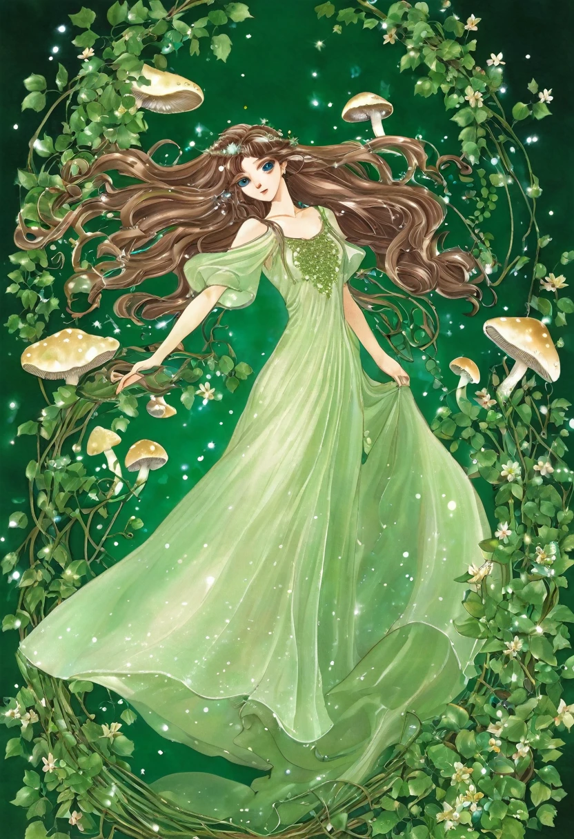 Generate a fantasy anime girl character with a gentle yet determined demeanor. She has waist-length chestnut brown hair that cascades in soft waves and bright emerald-green eyes that sparkle with curiosity. Dress her in a flowing, ethereal gown woven with delicate vines and adorned with subtle shimmering gems. Place her in a serene enchanted garden filled with glowing mushrooms and exotic flowers, where faeries dance in the moonlight