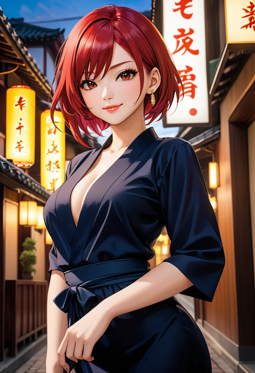 (masterpiece, best quality:1.2), 1girl, solo, cinematic view, portrait, red hair, cute smile, dynamic angle, black dress, yakuza girl