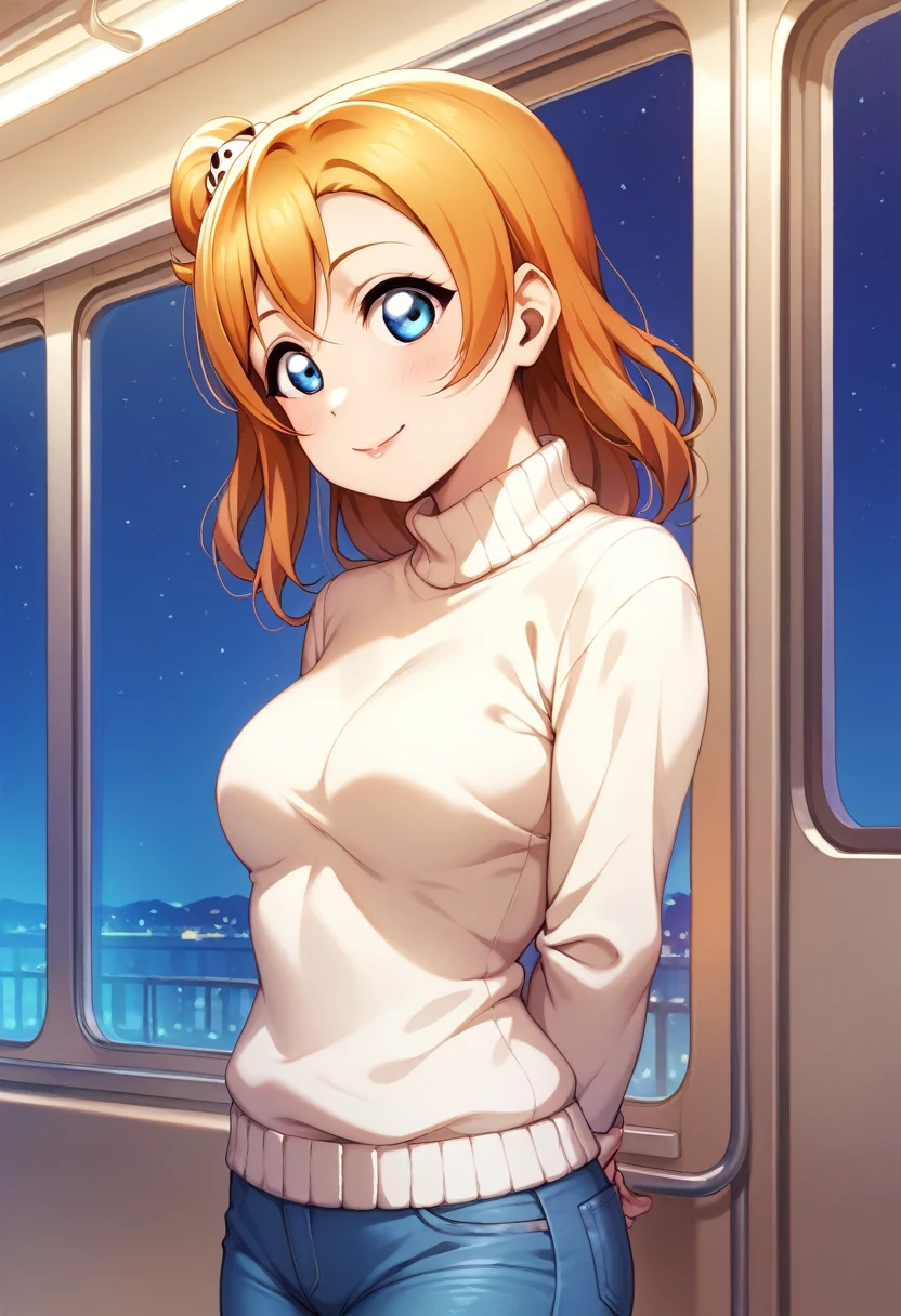 Honoka Kosaka love live, solo,beautiful, blue eyes, orange hair,(lipstick:0.8),night, train station, tight jeans pants,sweater top,arms behind back,  hair ornament, standing ،yearning, feeling lonely 