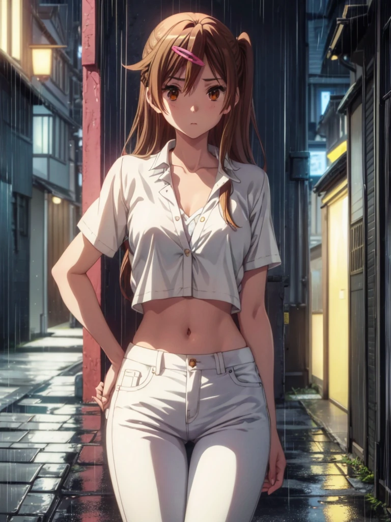 Girl, White jeans Low Rise , Blue Unbuttoned  Blouse, You can see her breasts,  street background, openlegs, night, Narrow alley between houses, night, rain, Sneakers, Bare chest, small breast, slim body 