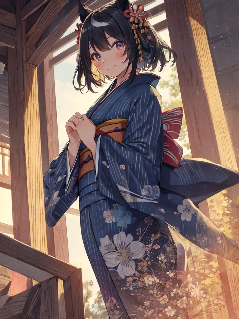 ((masterpiece,Highest quality)), Movie angle,Game CG,Dutch Angle ,Beautiful attention to detail,Five Fingers, Perfect hands,Cowboy Shot,Confused, Kitasan_black_umamusume,   Animal ears, short hair, Striped Hair, hair ornaments, Medium chest, Horse tail,(Long-sleeved kimono:1.5),colorful,nice,(Long faux fur),hairpin,  alone, smile, blush,Are standing,Looking at the audience,shrine,