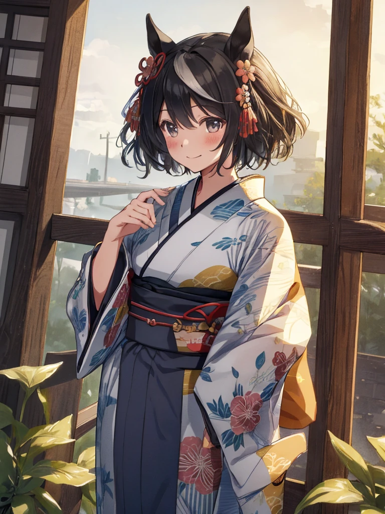 ((masterpiece,Highest quality)), Movie angle,Game CG,Dutch Angle ,Beautiful attention to detail,Five Fingers, Perfect hands,Cowboy Shot,Confused, Kitasan_black_umamusume,   Animal ears, short hair, Striped Hair, hair ornaments, Medium chest, Horse tail,(Long-sleeved kimono:1.5),colorful,nice,(Long faux fur),hairpin,  alone, smile, blush,Are standing,Looking at the audience,shrine,