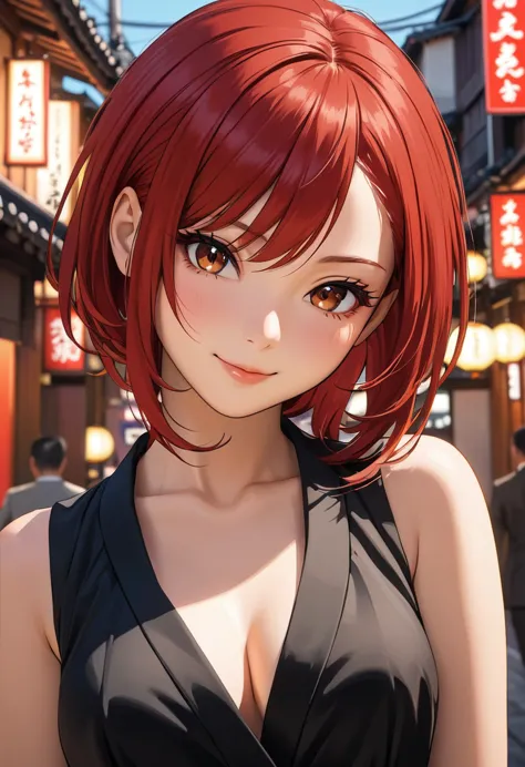 (masterpiece, best quality:1.2), 1girl, solo, cinematic view, portrait, red hair, cute smile, dynamic angle, black dress, yakuza...