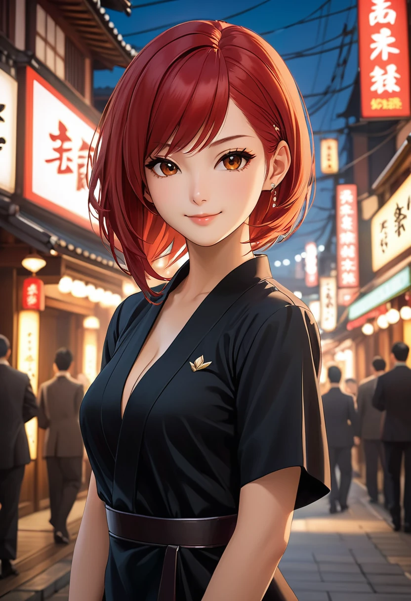 (masterpiece, best quality:1.2), 1girl, solo, cinematic view, portrait, red hair, cute smile, dynamic angle, black dress, yakuza girl