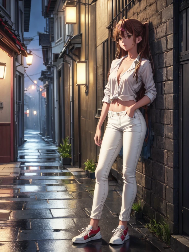 Girl, White jeans Low Rise , Blue Unbuttoned  Blouse, You can see her breasts,  street background, openlegs, night, Narrow alley between houses, night, rain, Sneakers, Bare chest, small breast, slim body, You can see the thong 