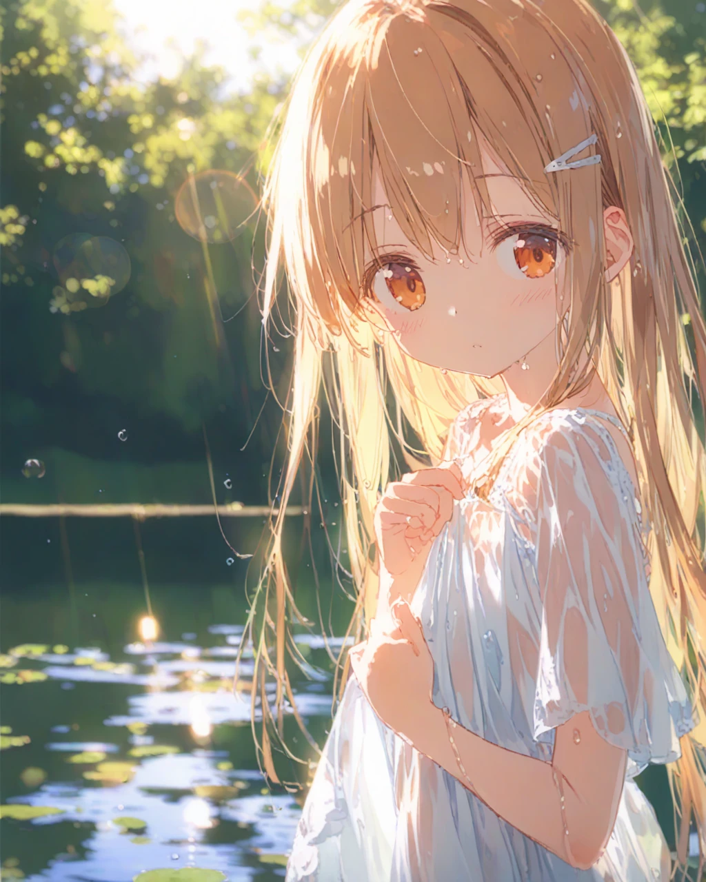 score_9,score,sauce_アニメ, Break 1 Girl, alone, shinosawa hiro, thin, Orange Eyes, White eyelashes, bionde, Long Hair, Hair Clip, , Flat Chest, slim, rib, Water Play, Dress Lift, wet, See-through silhouette, sunlight, light, bloom, Lens flare, dark, Cowboy Shot, From behind, Recall, (masterpiece:1.2, Highest quality), (Fine and beautiful eyes: 1.2), (Beautiful and dense face), (Sharp facial hair between the eyes)、Dynamic Pose Glossy Skin, Pale skin, Secret Realm, Small Lake, forest, Kneel on lake surface, Sunlight shadow, Depth of written boundary, close, close range