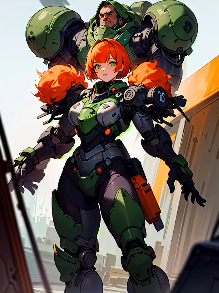 (chef-d&#39;œuvre, Meilleure qualité), (1fille, seulement), Cheveux courts, cheveux roux, yeux verts, Yeux morts, debout, big bulky futuristic armurea woman in a black orange suit of armure, Parler_armure