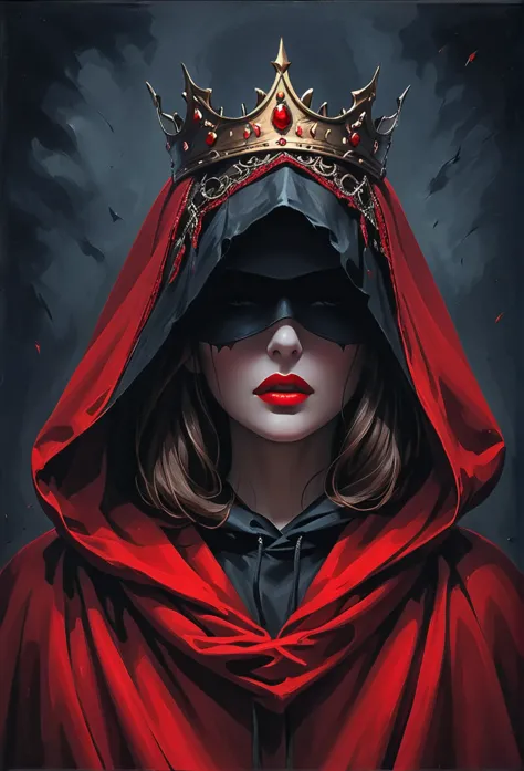 an oil painting：1mysterious woman，wearing a hooded cloak，the cloak covers the eyes，red crown，red lips，dark background，fear，