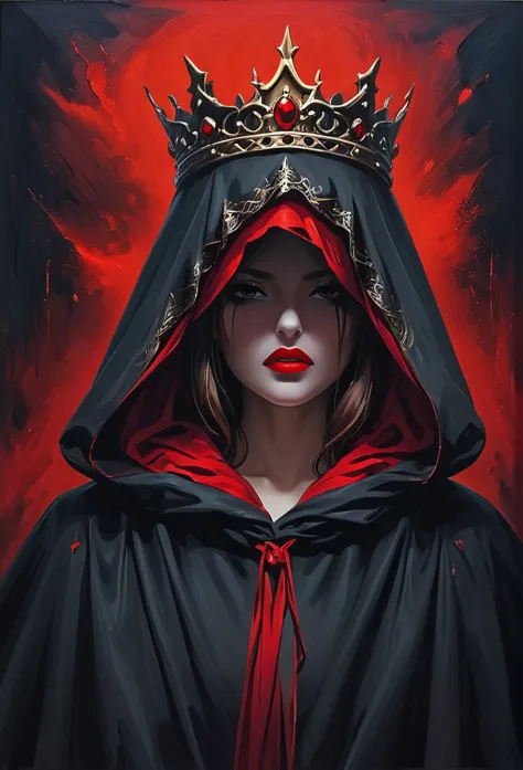 an oil painting：1mysterious woman，wearing a hooded cloak，the cloak covers the eyes，red crown，red lips，dark background，fear，